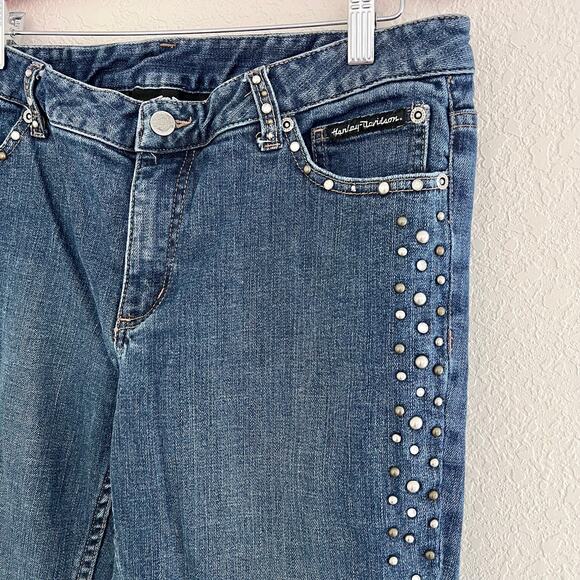 Harley Davidson Women’s Low Rise Wide Leg Rhinestone Embellished Jeans Size 12 - Picture 2 of 6